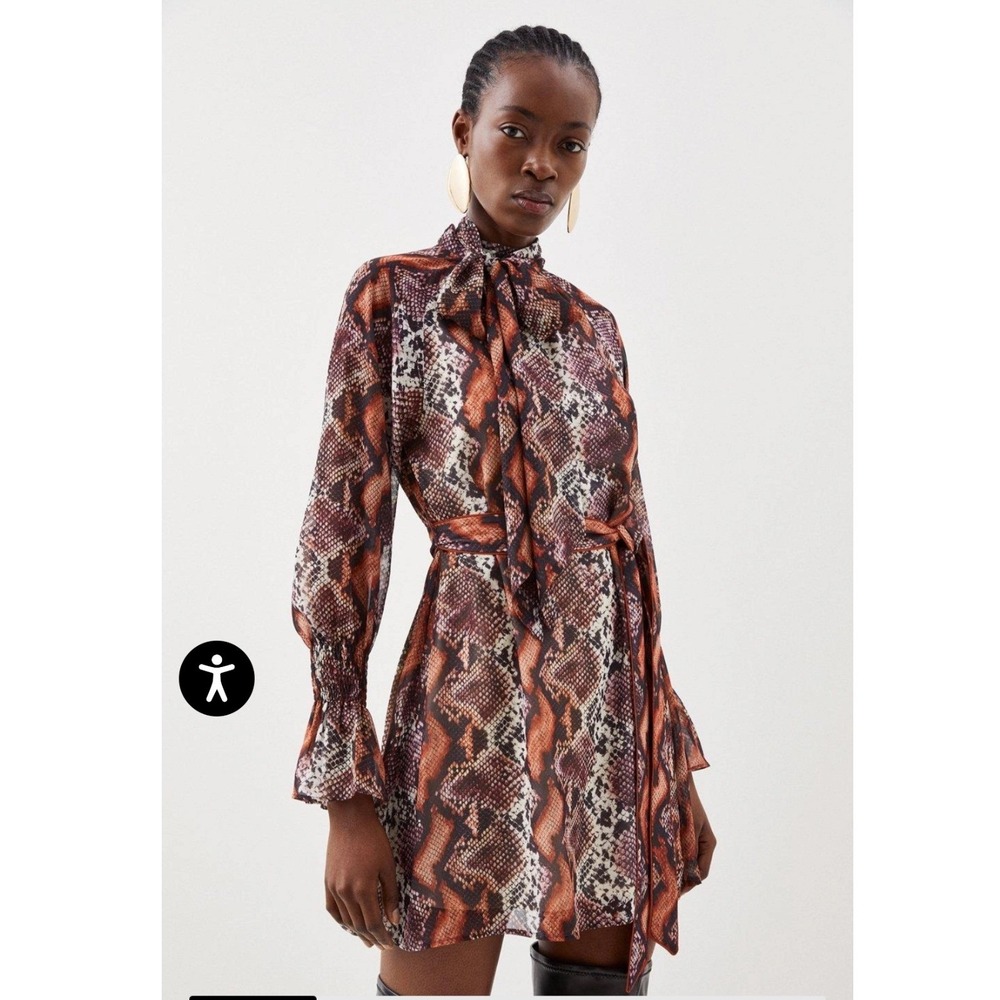 NEW Karen Millen Pleated Georgette Snakeskin Mini Dress Tie Neck 10 Missing Belt
